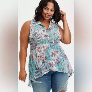 Torrid Blue Floral Babydoll Chiffon Button-Front Tunic Shirt Size 1